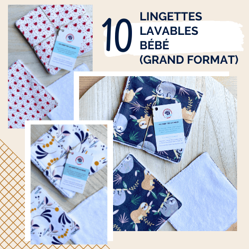 Lot de 10 lingettes lavables grand format - idéal toilette et change de bébé